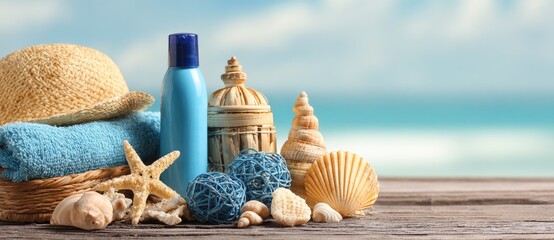 Summer beach accessories, towels, lotion, shells, and starfish on a wooden surface, with a blurred ocean background