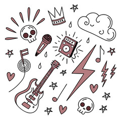 Obraz premium Rock and Roll Doodles with Skulls, Stars, and Musical Instruments in Playful Arrangement, Hand-Drawn Style