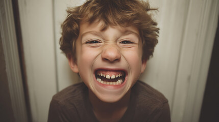 Expressive young boy with messy hair baring his teeth with a goofy grin.