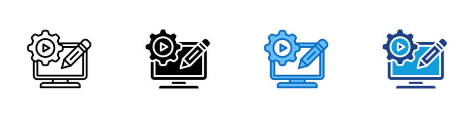 Content Management Multi Style Icon Design Vector - Computer screen with gear and pencil, showing customization and management of online media