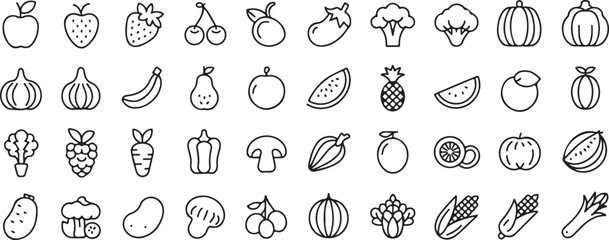 Collection of Simple Line Art Fruit and Vegetable Icons Food Concept and Healthy Lifestyle in Black and White Graphic Design for Prints and Digital Media