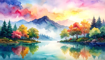 A mesmerizing watercolor painting of a mountain lake at sunset, with a vibrant sky reflecting on the water, surrounded by lush trees with autumn colors, a beautiful seasonal landscape