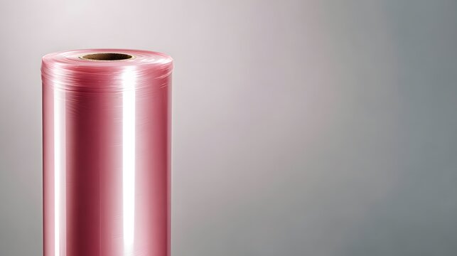 Close up of a roll of shiny pink metallic cellophane wrap