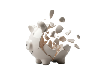 Shattered ceramic piggy bank fragments suspended mid-explosion, frozen in time with sharp details against a shadowless transparent studio background, precise controlled chaos concept