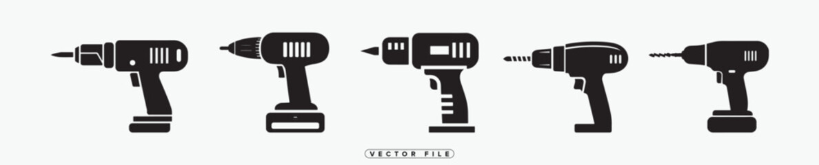 Black Silhouette Icons of Various Cordless Power Drills on White Background
