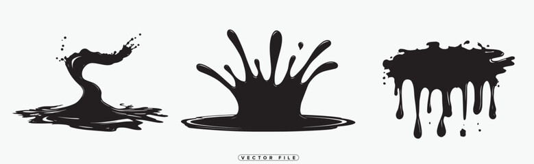 Black ink splatter illustrations with various effects and designs on white background
