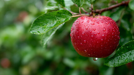 Close-up of a fresh red apple with dew on a tree branch.