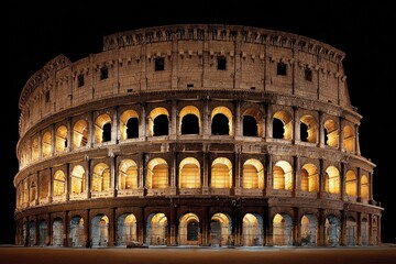 Naklejka premium Ancient Roman Colosseum at night, lit arches