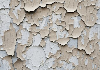 A close-up of an old, weathered wall with cracked and peeling beige paint, revealing a lighter layer underneath.