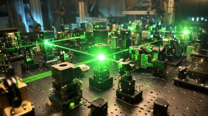 Laser beams intersect on optical table with complex scientific background lab use