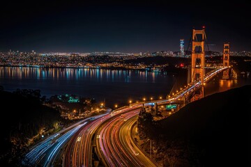 Golden Gate Bridge at night, city lights reflecting on water.  Highway traffic trails