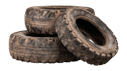 Vertical stack of three old worn-out tires, high-resolution realistic PNG cutout on transparent background — isolated automotive scrap with grunge texture for recycling themes, mechanic garage visuals