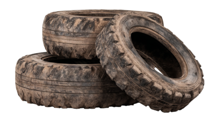 Vertical stack of three old worn-out tires, high-resolution realistic PNG cutout on transparent background — isolated automotive scrap with grunge texture for recycling themes, mechanic garage visuals