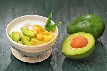 Es teler is an Indonesian fruit cocktail. Avocado, coconut meat, grass jelly, jackfruit and other...