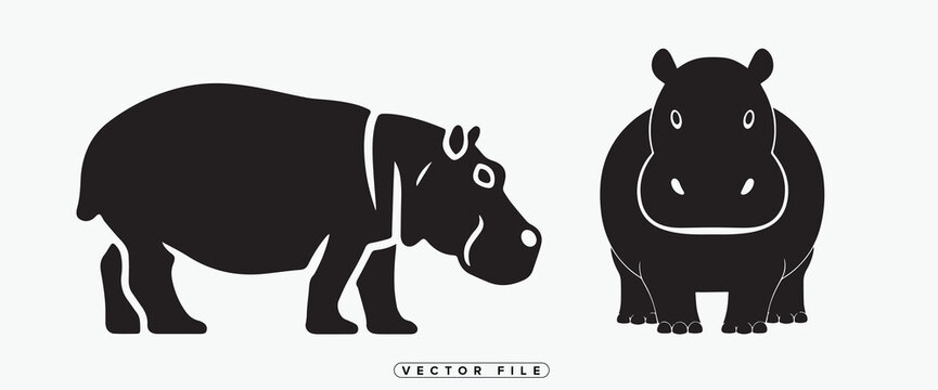 Black silhouette illustrations of hippos in various poses on white background