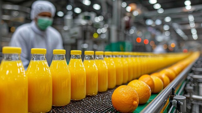 Orange juice bottles and fresh oranges moving on conveyor belt in factory