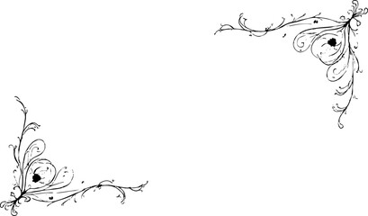 Minimalist Swirl Corner Flourishes in Black Ink, Vintage Style Isolated on White