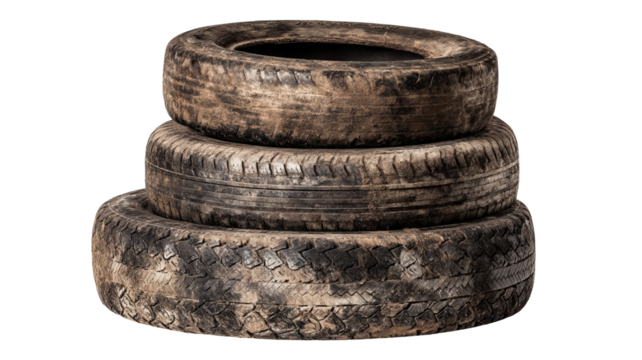 Vertical stack of three old worn-out tires, high-resolution realistic PNG cutout on transparent background — isolated automotive scrap with grunge texture for recycling themes, mechanic garage visuals