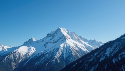 Obraz premium Majestic snow-capped mountain peak bathed in crisp, clear blue sky, showcasing dramatic natural slopes and evergreen forest foreground