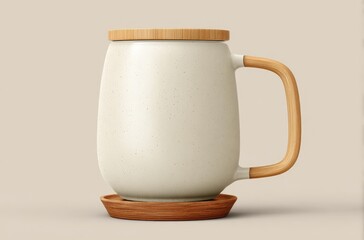 Cream ceramic mug with wooden lid and handle, on a wooden coaster