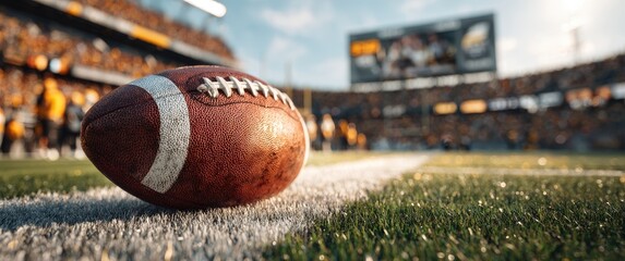 Close-up of a football on a field, stadium in the background