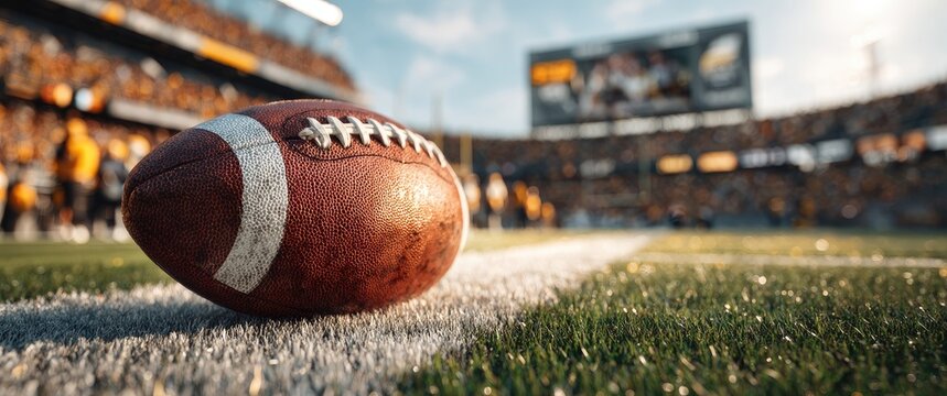 Close-up of a football on a field, stadium in the background