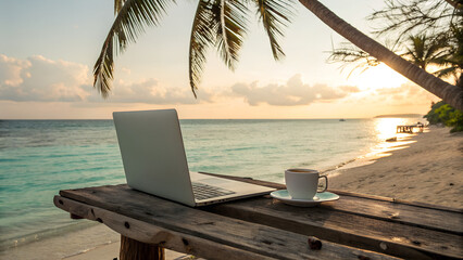 Tropical Beach Workspace: Digital Nomad Lifestyle with Laptop and Coffee at Sunset