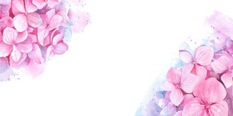 Pastel Pink Hydrangea hand drawn watercolor illustration isolated on white background with lilac splashes and brush strokes. Abstract Wild flower elegant frame for holiday, wedding, beauty designs