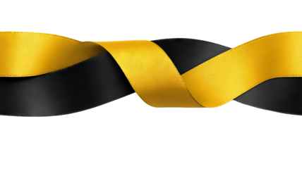 Black and yellow ribbon banner – high-resolution PNG cutout with transparent background, realistic satin folds and soft shadow, isolated label for badges, sale tags, gift wrap, web design and product 