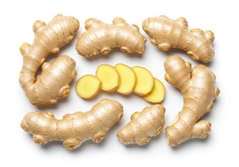 Fresh ginger root and slices isolated on white background