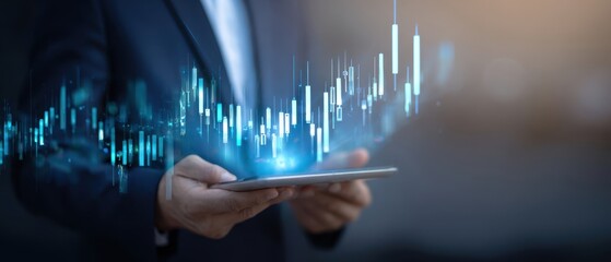 The professional holding a tablet with dynamic financial data visualization.
