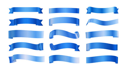 Blue banner ribbons and stripes set — glossy vector-style collection of curved banners, streamers and label shapes, high-resolution transparent PNG cutouts with clean edges, isolated for web design