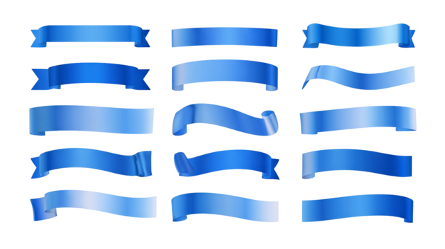 Blue banner ribbons and stripes set — glossy vector-style collection of curved banners, streamers and label shapes, high-resolution transparent PNG cutouts with clean edges, isolated for web design