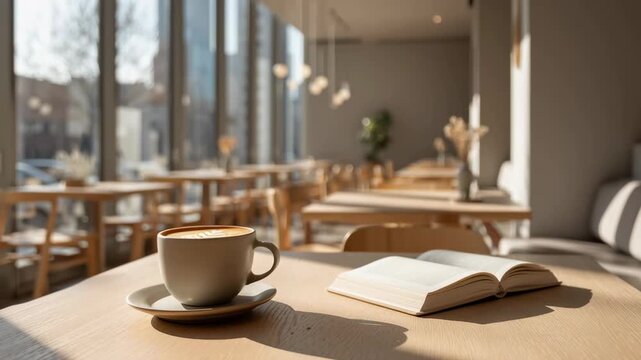 A cup of fresh coffee and an open book on a wooden table in a bright, modern cafe with large windows showing a city street.