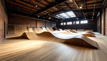 Modern indoor skatepark with wooden ramps