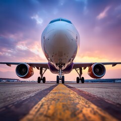 Jet plane on runway at sunset