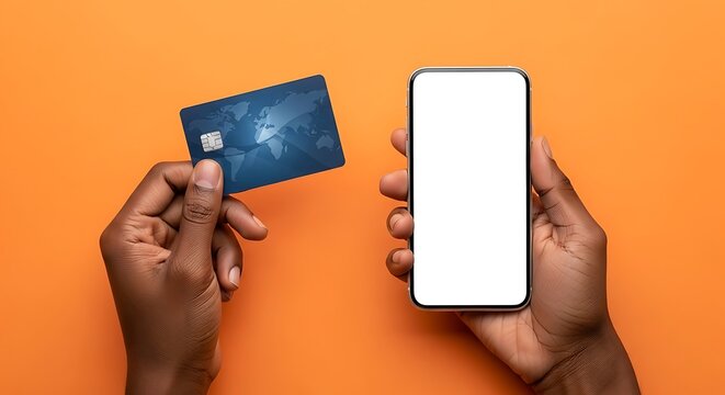 Hand holding a credit card and a smartphone for online payment