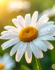 Fototapeta premium Dew-kissed daisy in sunlight, soft focus background