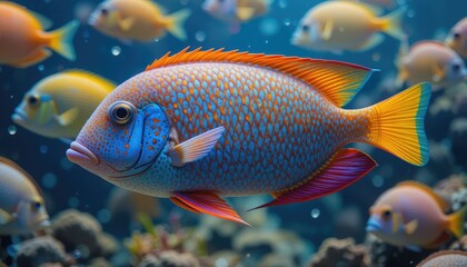 Obraz premium Vibrant blue and orange tropical fish swim gracefully in clear ocean water amidst colorful coral reefs, creating a stunning underwater spectacle.
