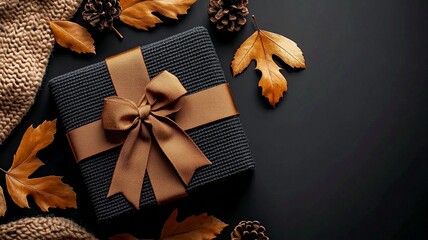 A black box with a gold ribbon sits on a table with autumn leaves and pine cones