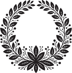 Elegant black and white wreath illustration featuring detailed leaves berries and a floral centerpiece for a classic decorative design