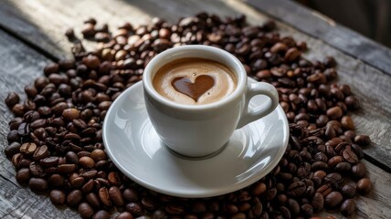 cup of coffee with beans and heart on the coffee foam