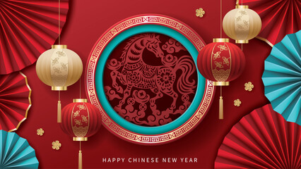 Happy Chinese new year banner with papercut-horse, lanterns and folding fans on red background. The year of the Horse.