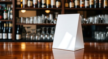 Blank white menu stand mockup on a bar counter with bottles and glasses