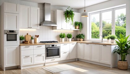 Modern White Kitchen with Abundant Natural Light and Green Plants