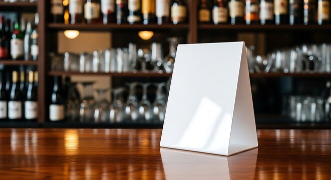 Blank white menu stand mockup on a bar counter with bottles and glasses