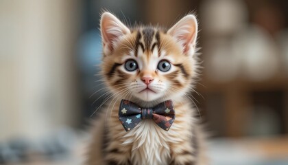 Fototapeta premium Adorable tabby kitten wearing a stylish patterned bowtie, capturing hearts with its innocent blue eyes and fluffy fur, perfect for pet-themed content.