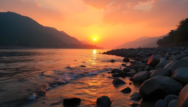 Jaflong riverbank with crystal-clear water flowing over smooth stones, Meghalaya hills in the background under blue sky