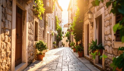 Naklejka premium Sunlit cobblestone street in an old European town, lined with stone buildings.