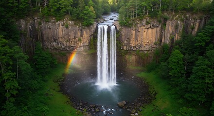 Majestic Waterfall in Lush Green Forest with Rainbow Over Clear Pool